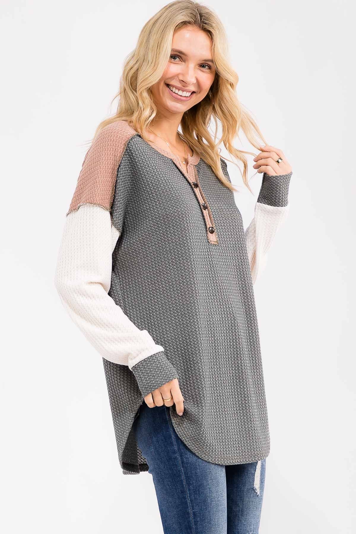 Olive Colorblock Relaxed Waffle Knit Henley