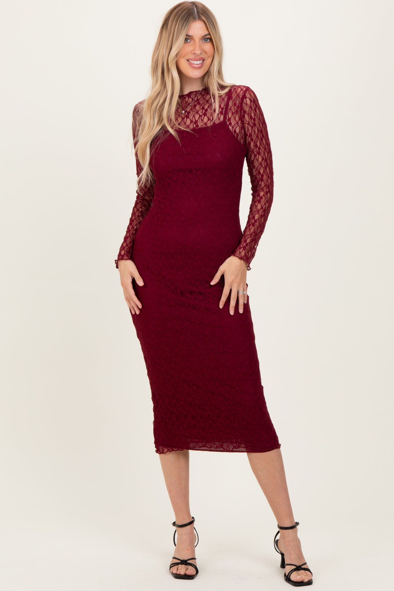 Burgundy Lace Overlay Fitted Maternity Midi Dress