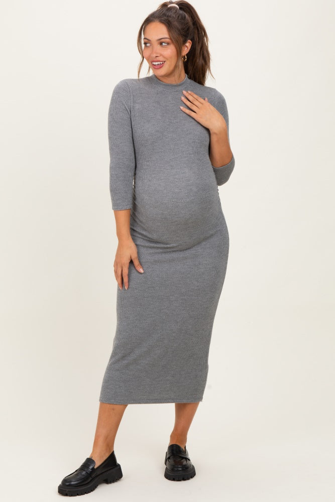 Charcoal Ribbed Knit Mock Neck Long Sleeve Ruched Maternity Dress