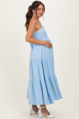 Light Blue Tiered Cutout Tie Back Maternity Midi Dress