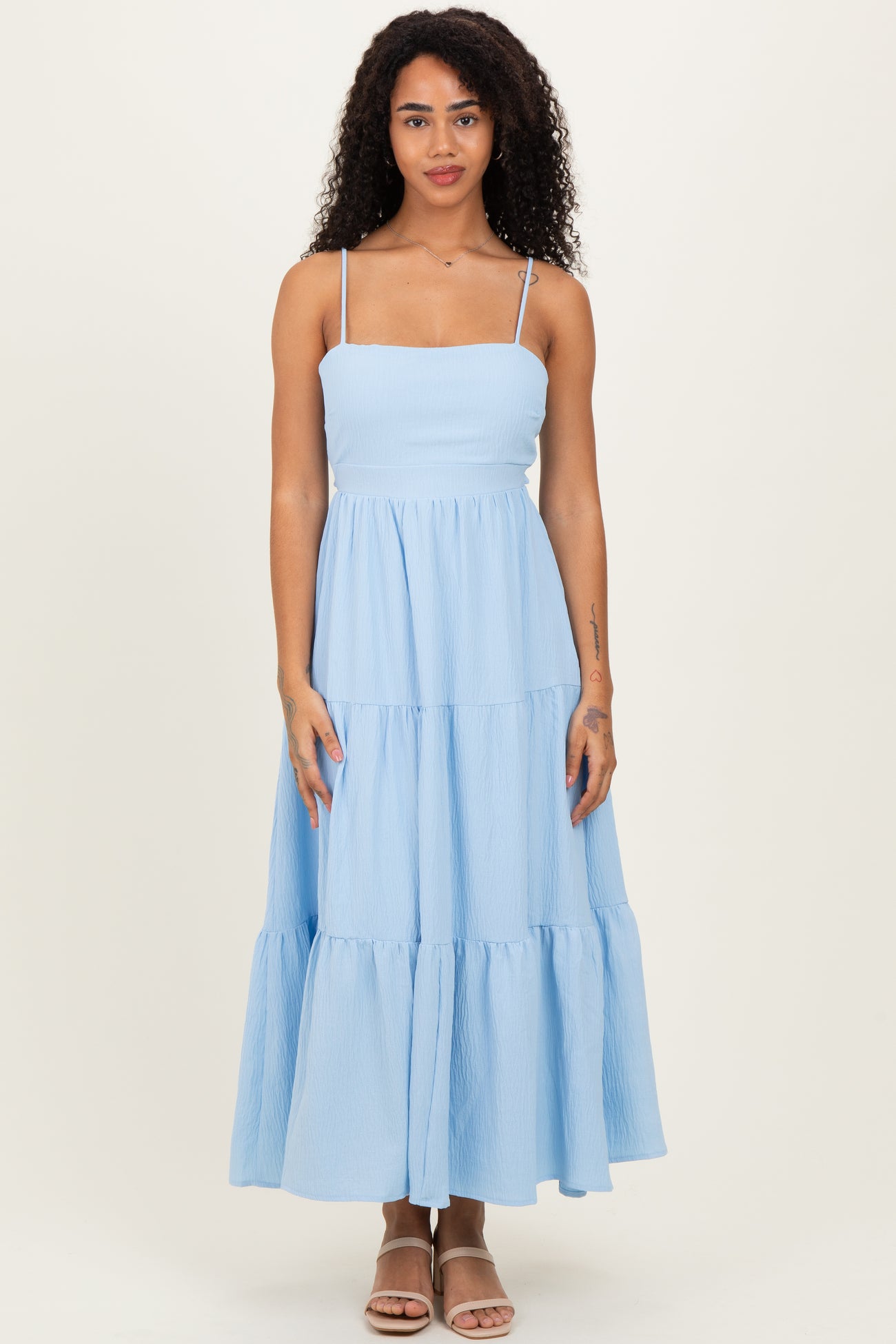 Light Blue Tiered Cutout Tie Back Midi Dress