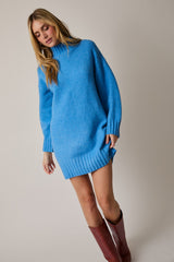 Blue Mock Neck Long Sleeve Sweater Dress