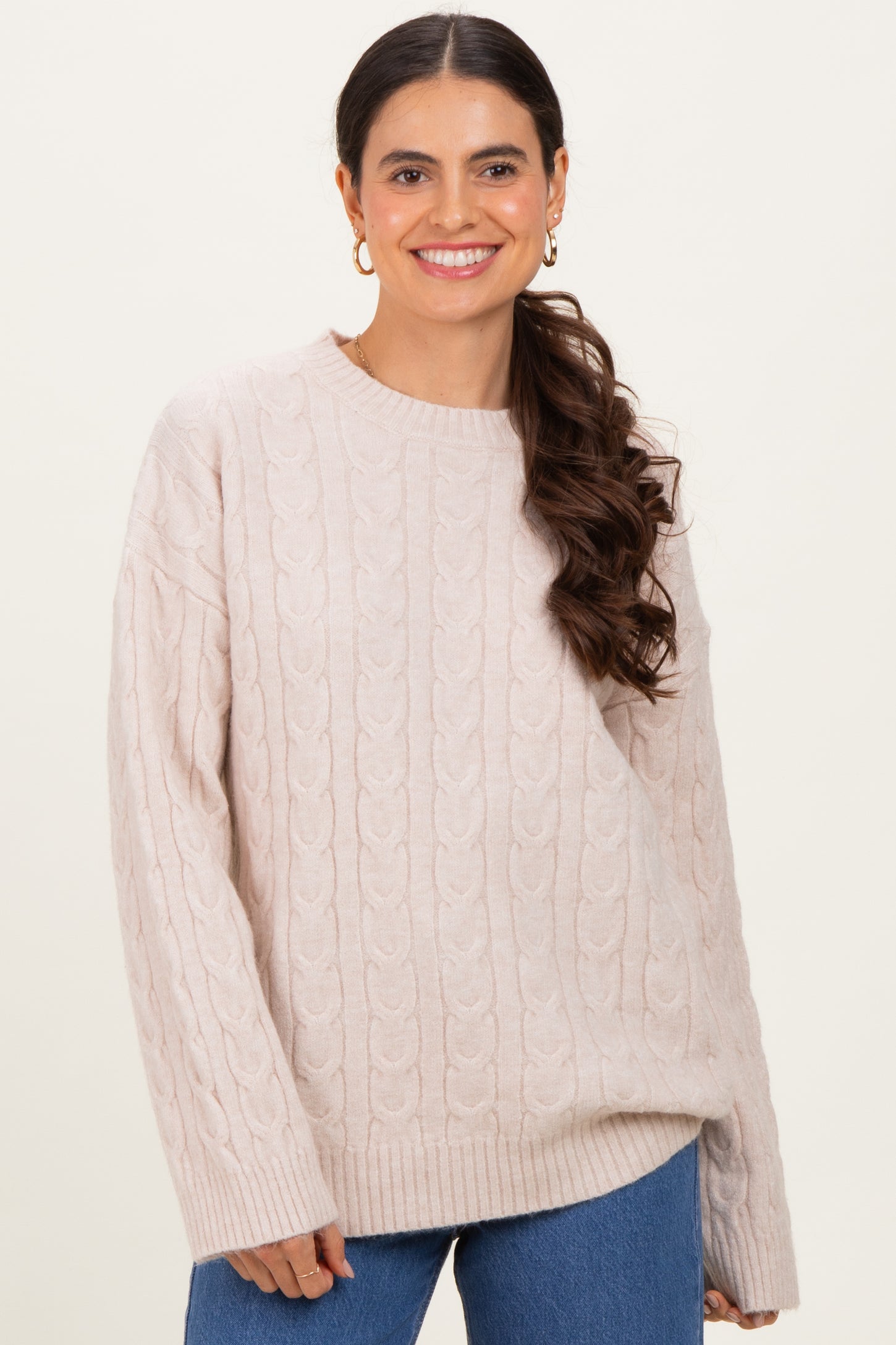 Beige Braid Knit Pattern Soft Fluffy Maternity Sweater Top