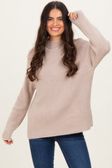 Beige Mock Neck Ribbed Knit Basic Maternity Sweater Top