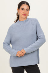 Light Blue Mock Neck Ribbed Knit Basic Maternity Sweater Top