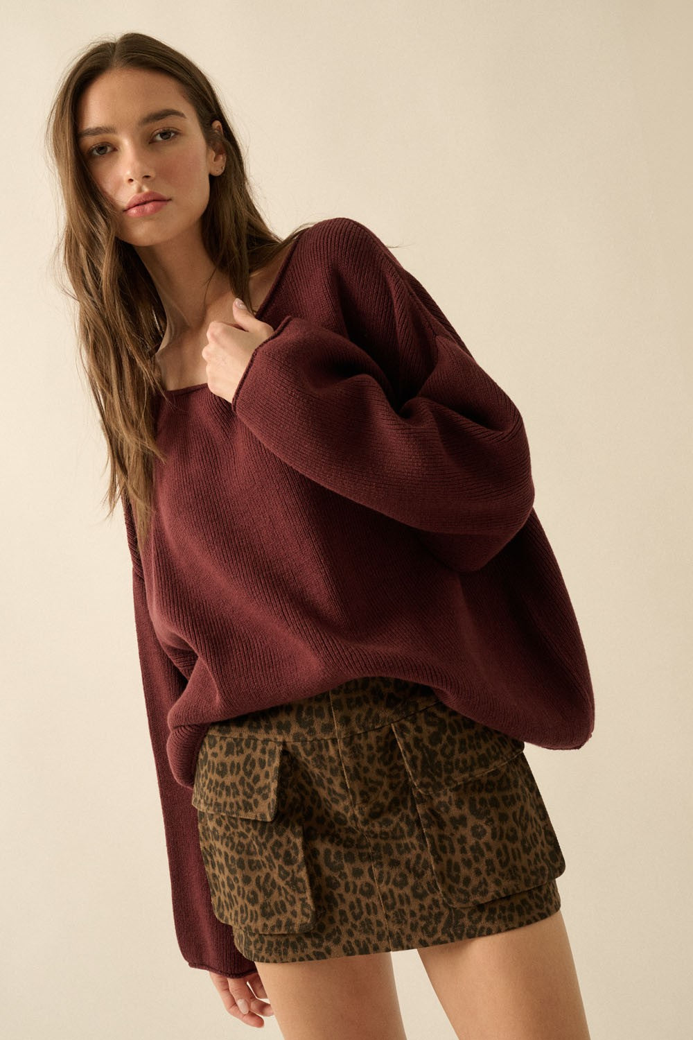 Burgundy Oversized Boatneck Maternity Sweater