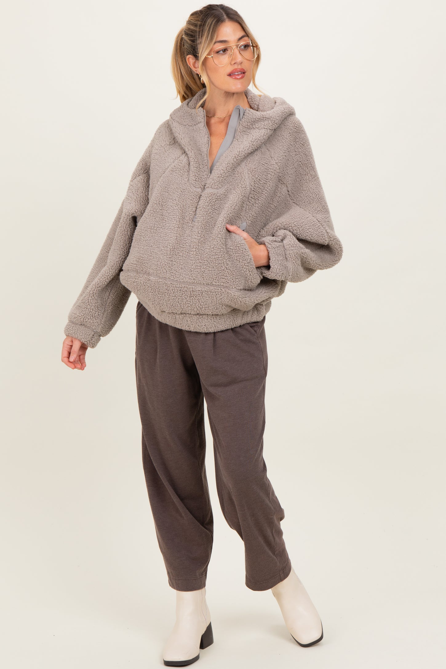 Dark Taupe Faux Sherpa Quarter Zip Maternity Hoodie