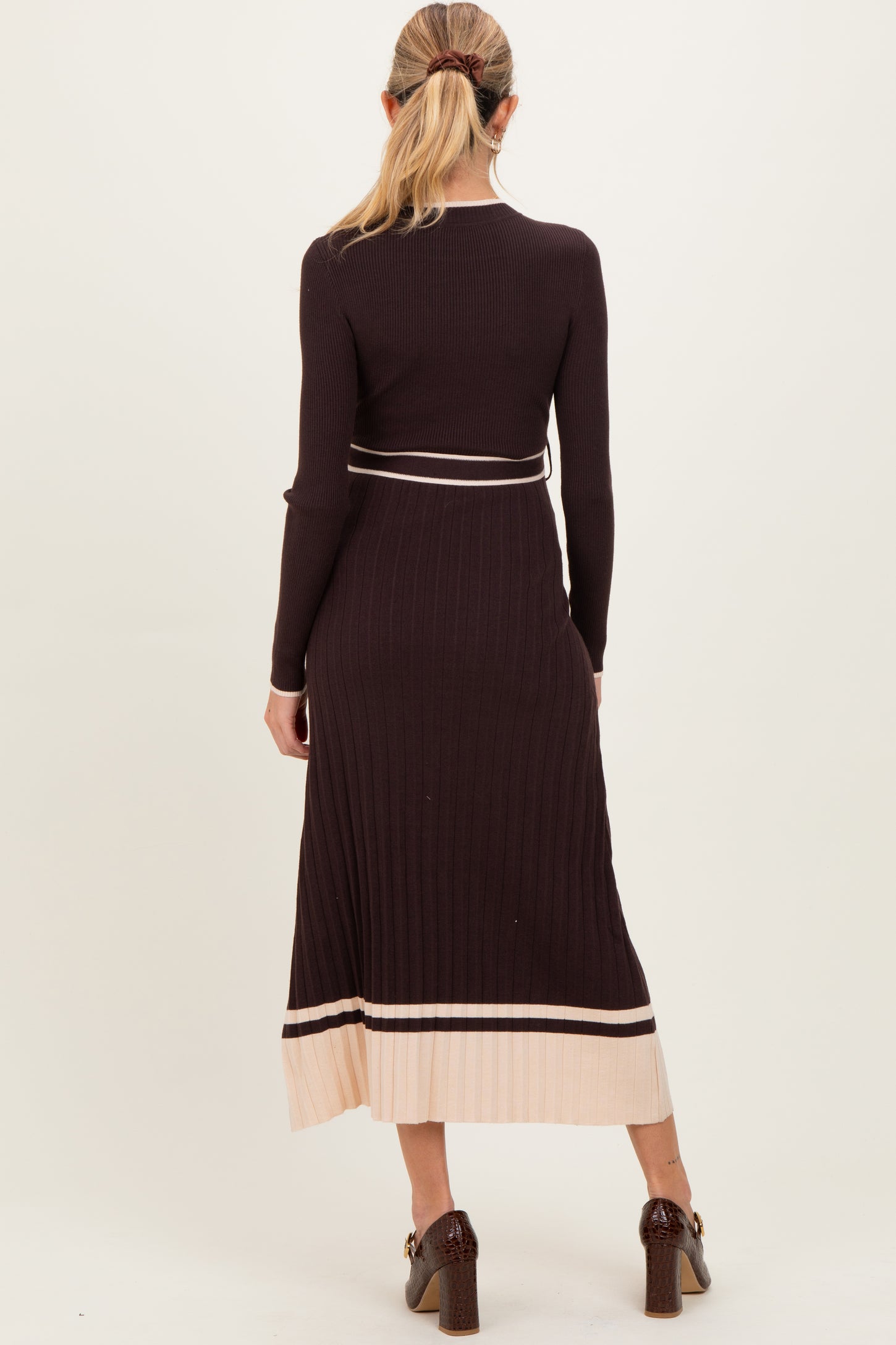 Brown Ribbed Midi Sweater Dress With Belt