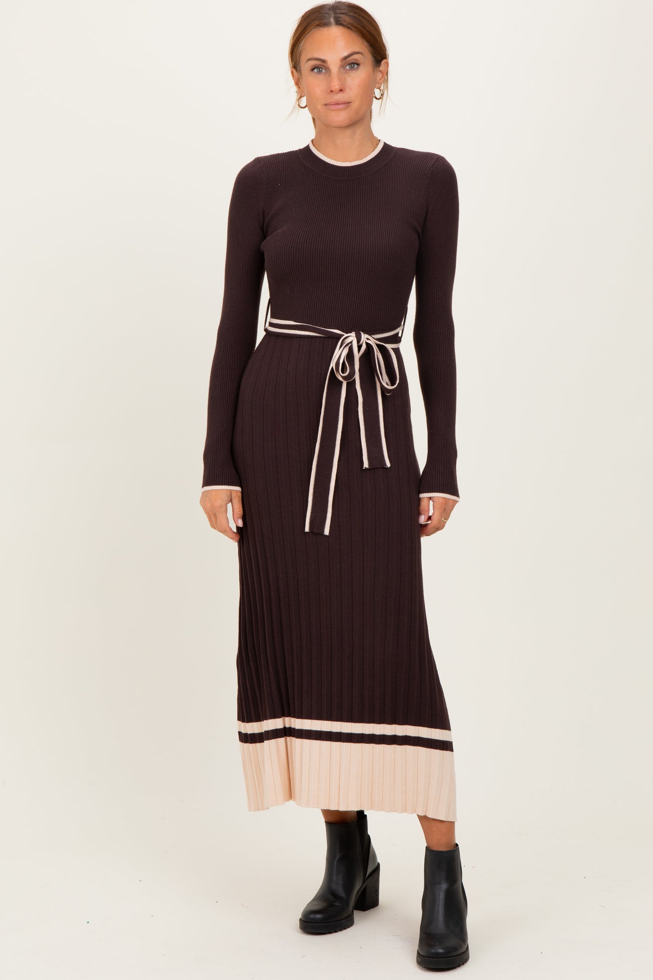 Brown Ribbed Midi Sweater Dress With Belt