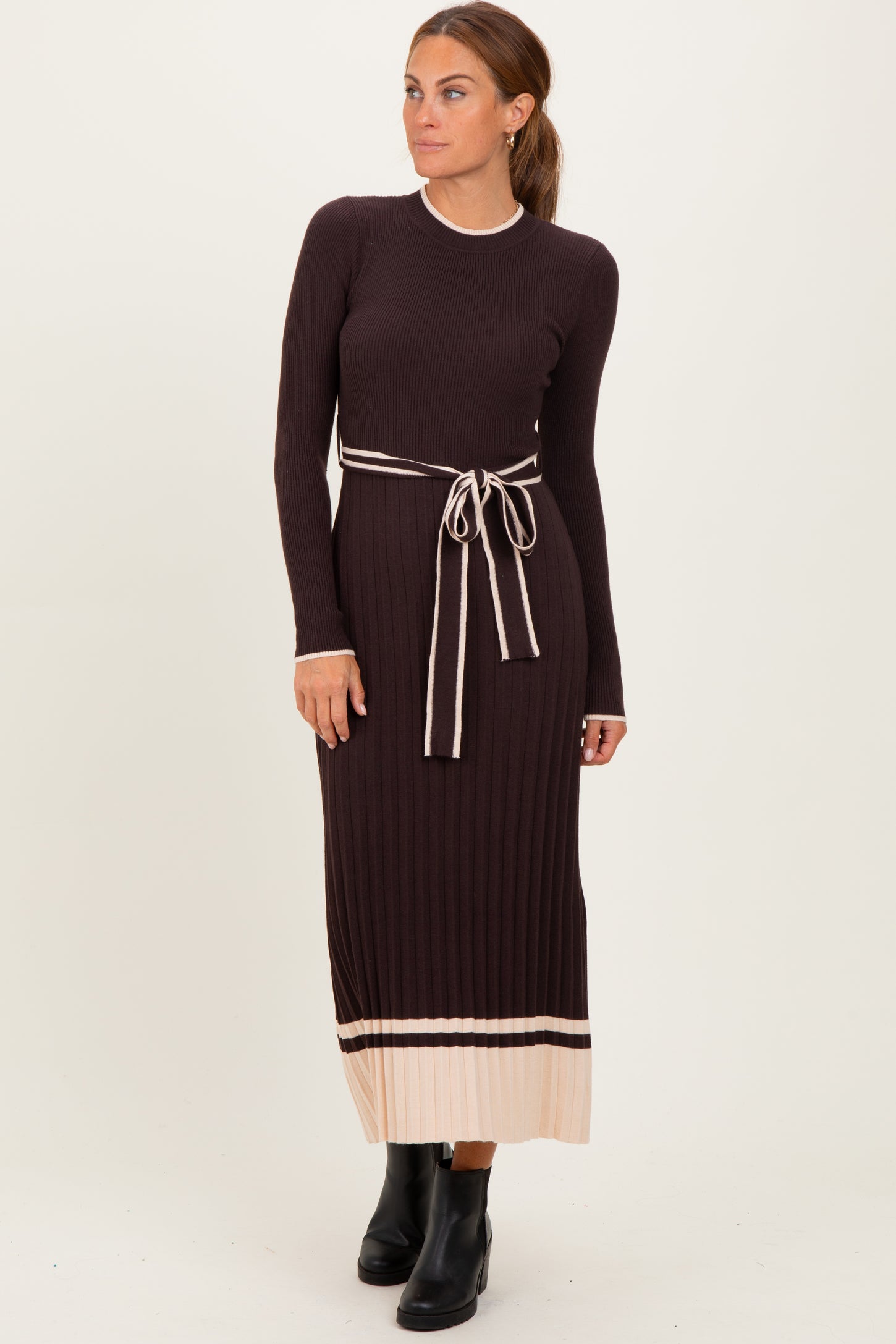 Brown Ribbed Midi Sweater Dress With Belt