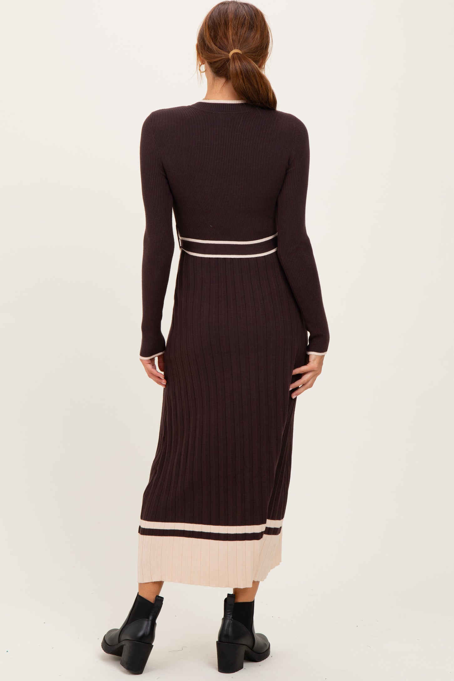 Brown Ribbed Midi Sweater Dress With Belt