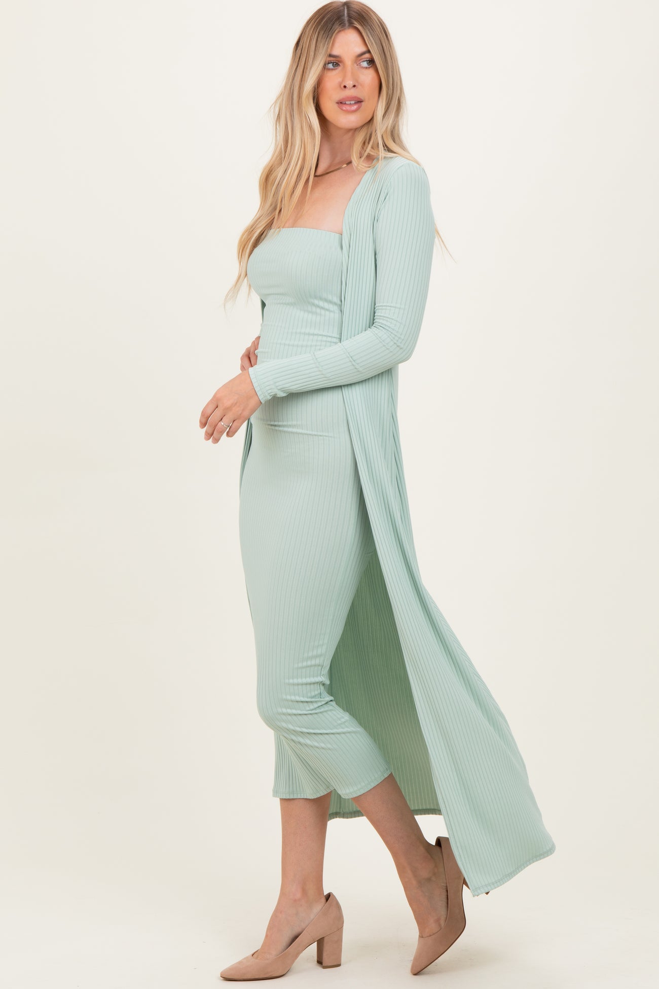 Sage Ribbed Sleeveless Dress Cardigan Set