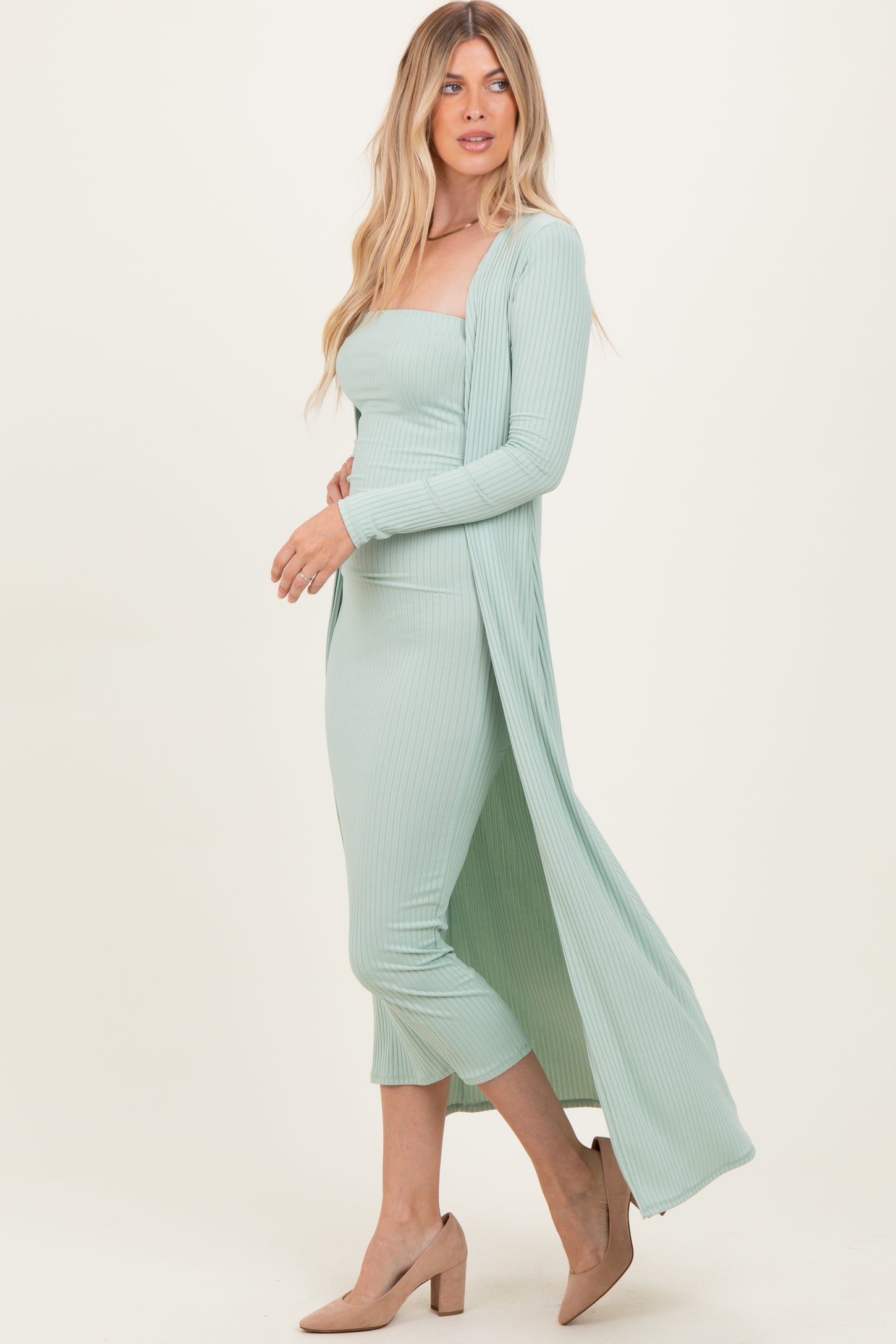 Sage Ribbed Sleeveless Dress Cardigan Set
