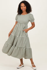 Dusty Olive/ Cream Striped Short Sleeve Tiered Maternity Maxi Dress