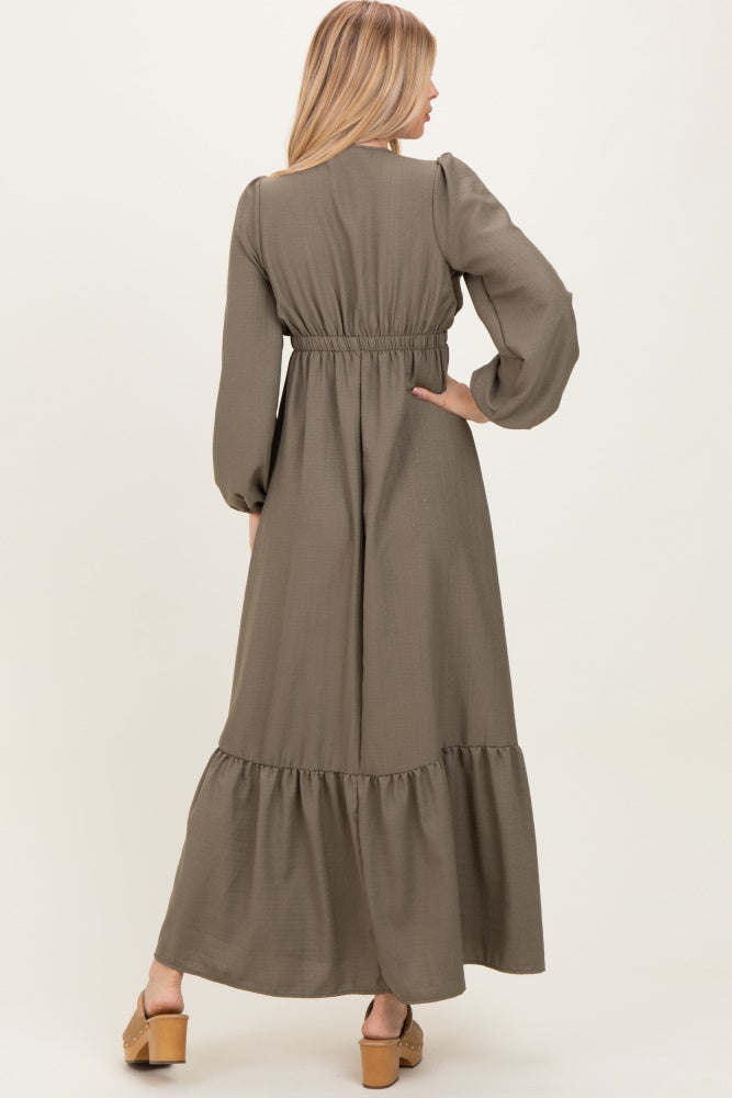 Forest Green Long Sleeve V-Neck Tiered Maxi Dress