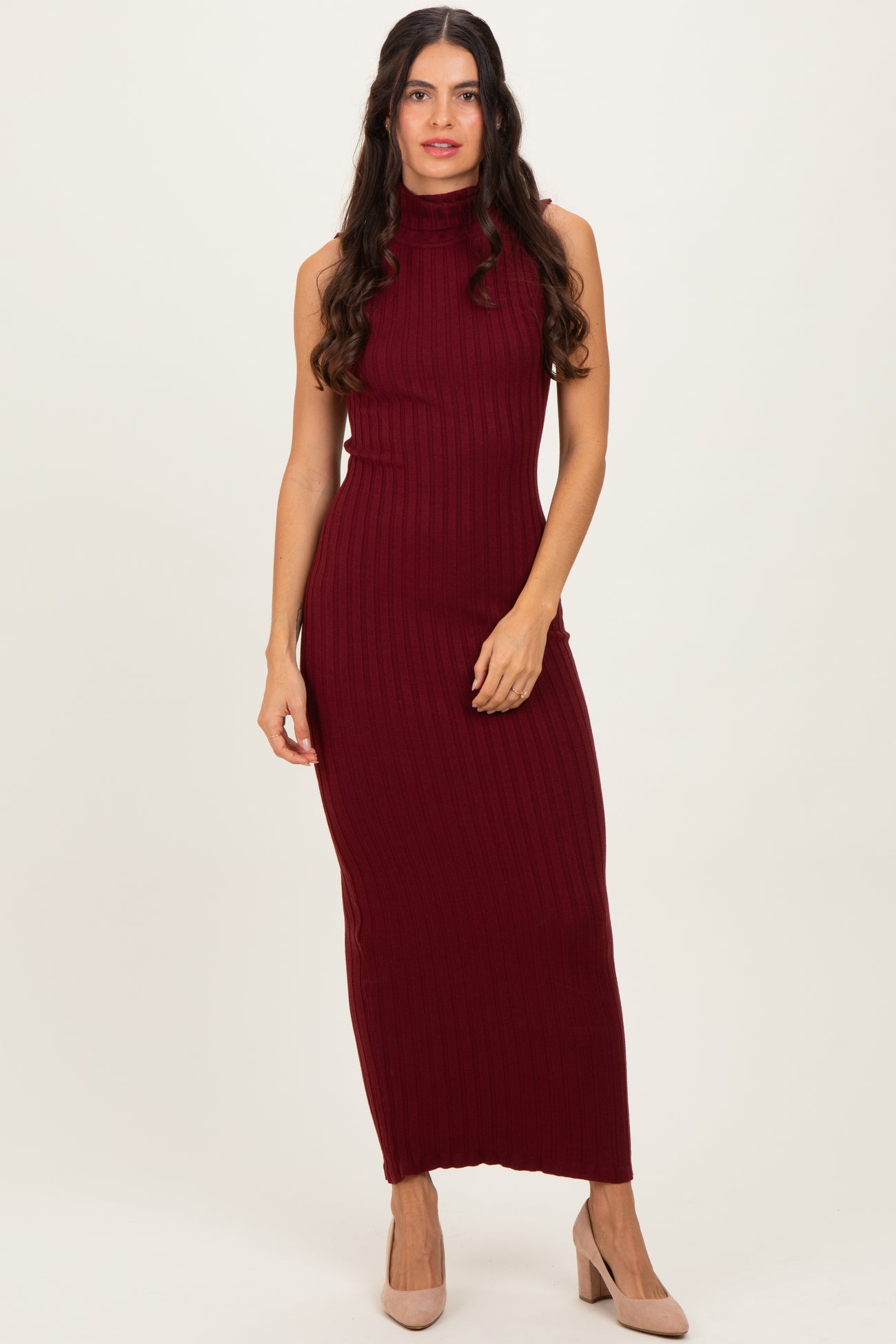 Wine Turtleneck Ribbed Knit Sleeveless Maternity Maxi Dress