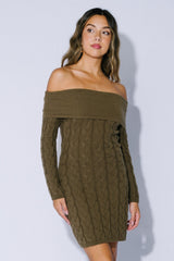 Olive Cable Knit Off Shoulder Maternity Mini Sweater Dress