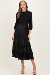 Black Pleated Satin Smocked Bodice Maternity Midi Dress