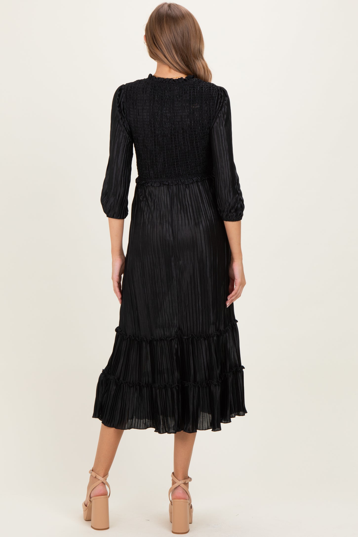Black Pleated Satin Smocked Bodice Maternity Midi Dress