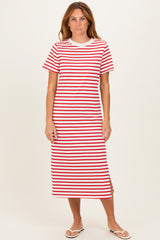 woman wearing a red and white striped midi t-shirt dress with short sleeves and side slits