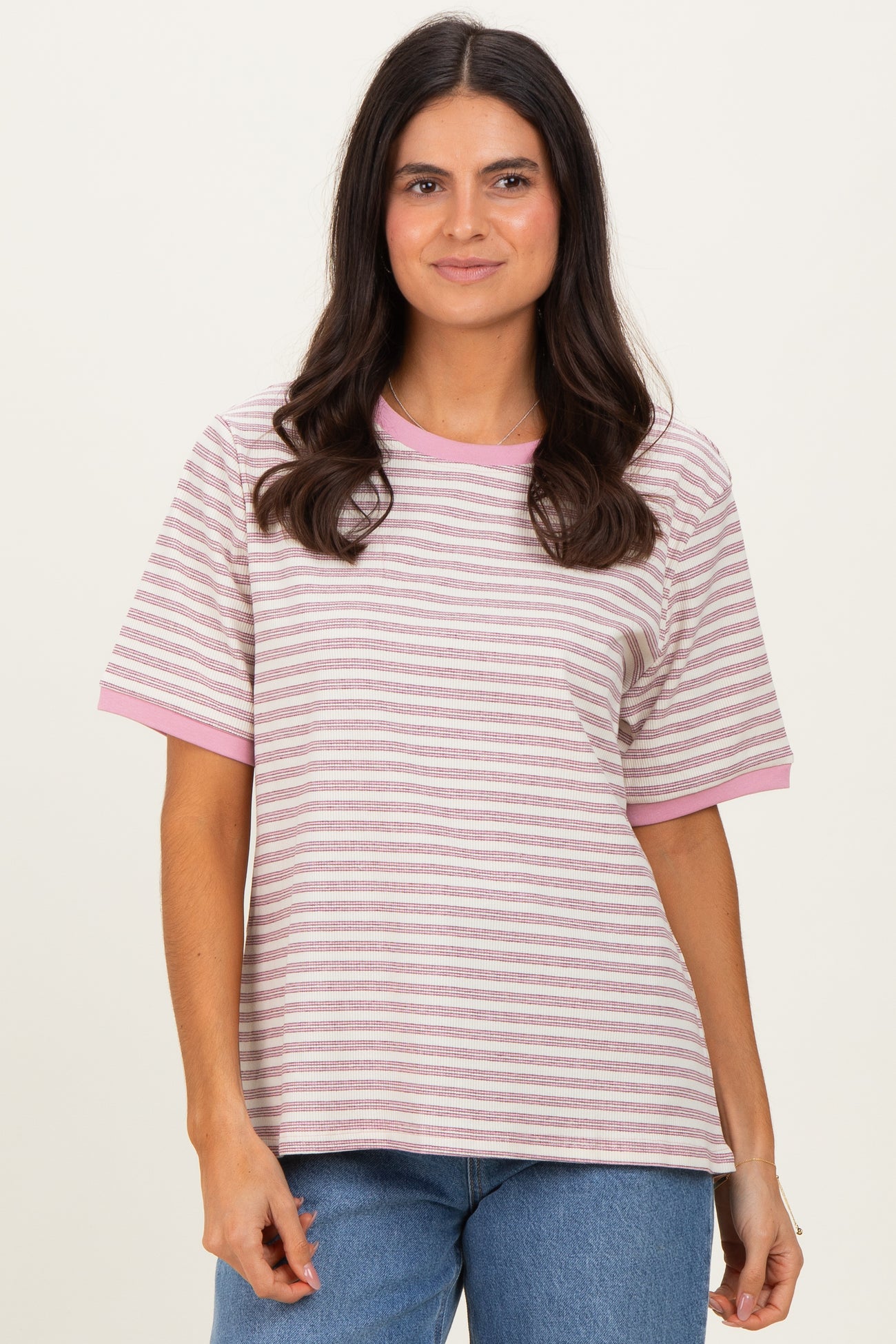 Light Pink Striped Short Sleeve Maternity T-Shirt