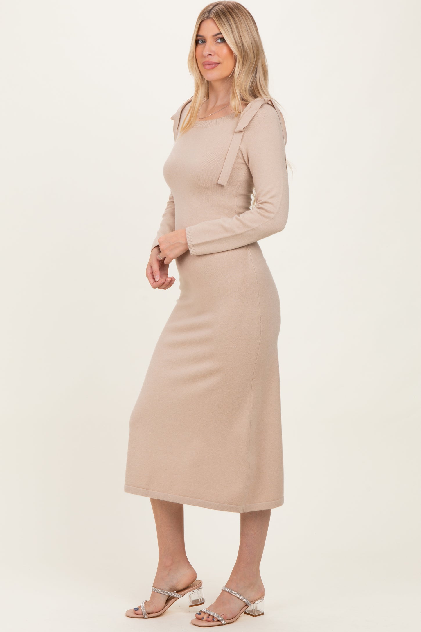 Beige Bow Shoulder Knit Dress