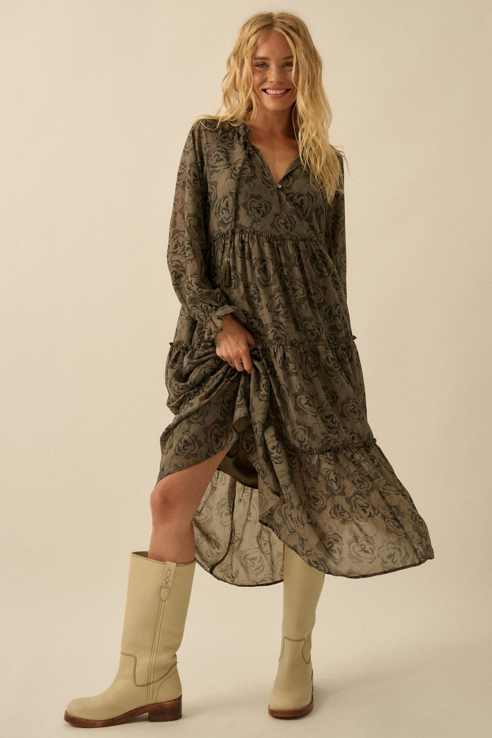 Olive Rose Floral Tiered Ruffle Maternity Midi Dress
