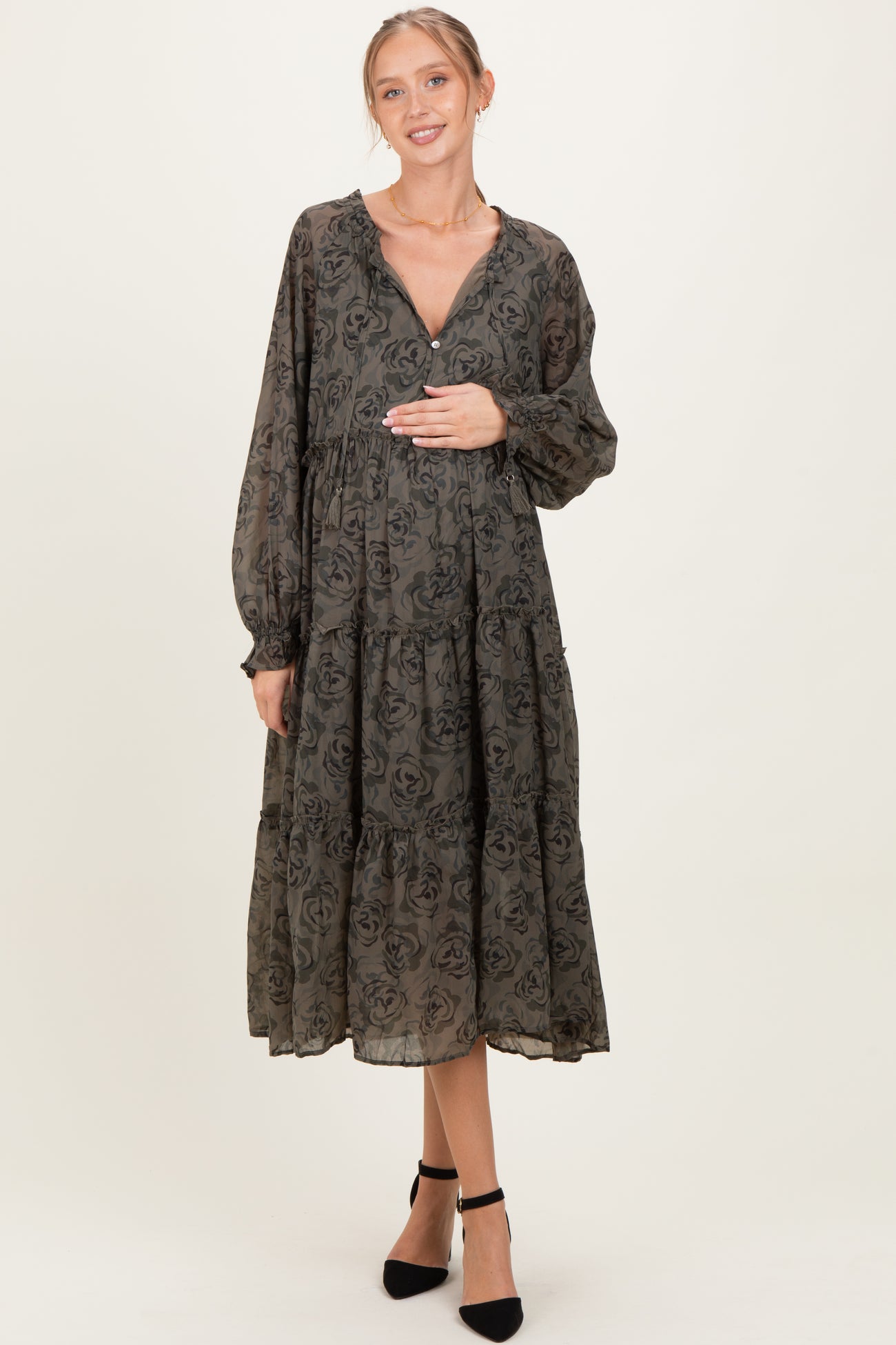 Olive Rose Floral Tiered Ruffle Maternity Midi Dress