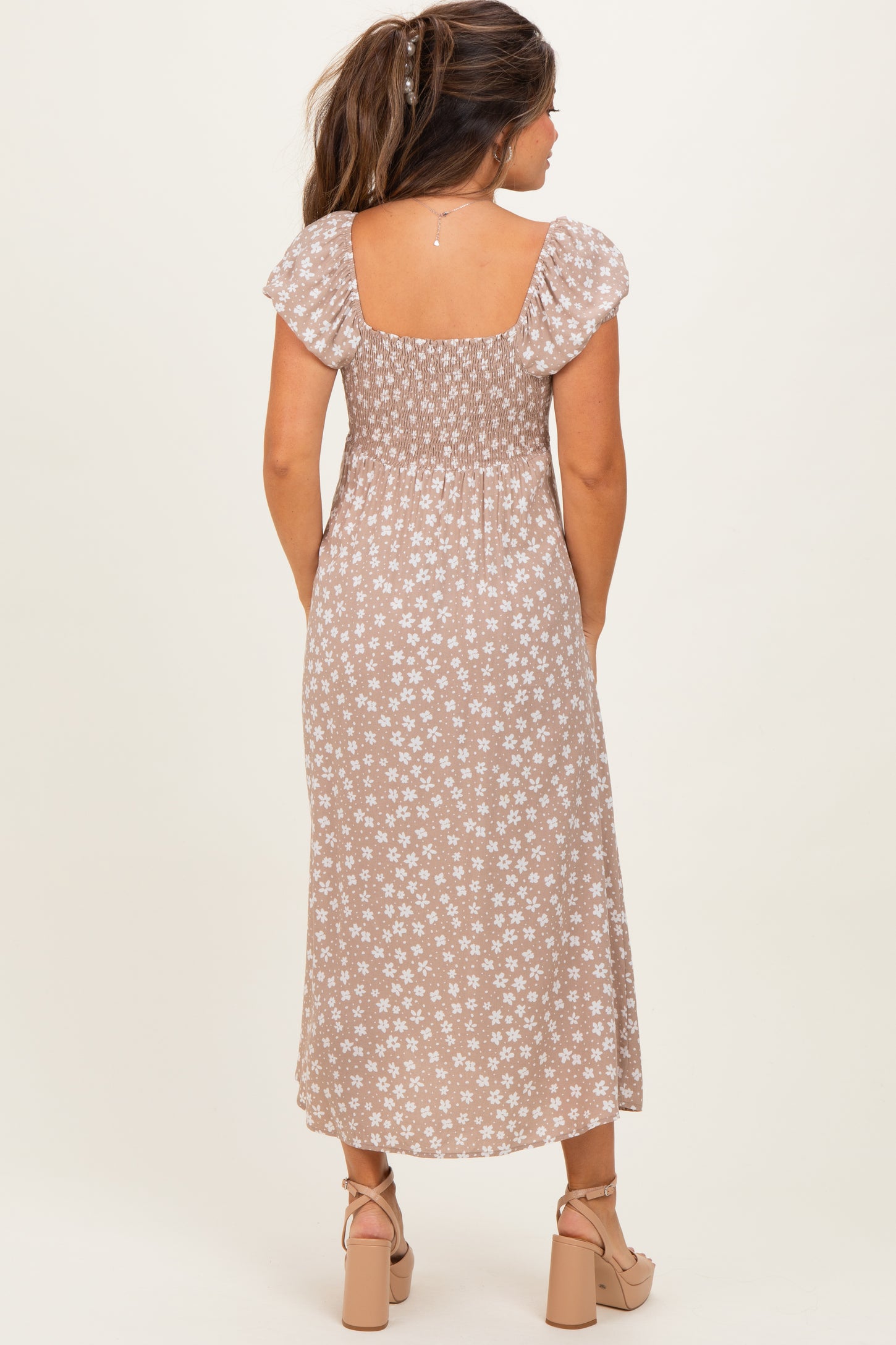 Beige Floral V-Neck Button Detail Maternity Midi Dress