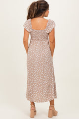 Beige Floral V-Neck Button Detail Maternity Midi Dress