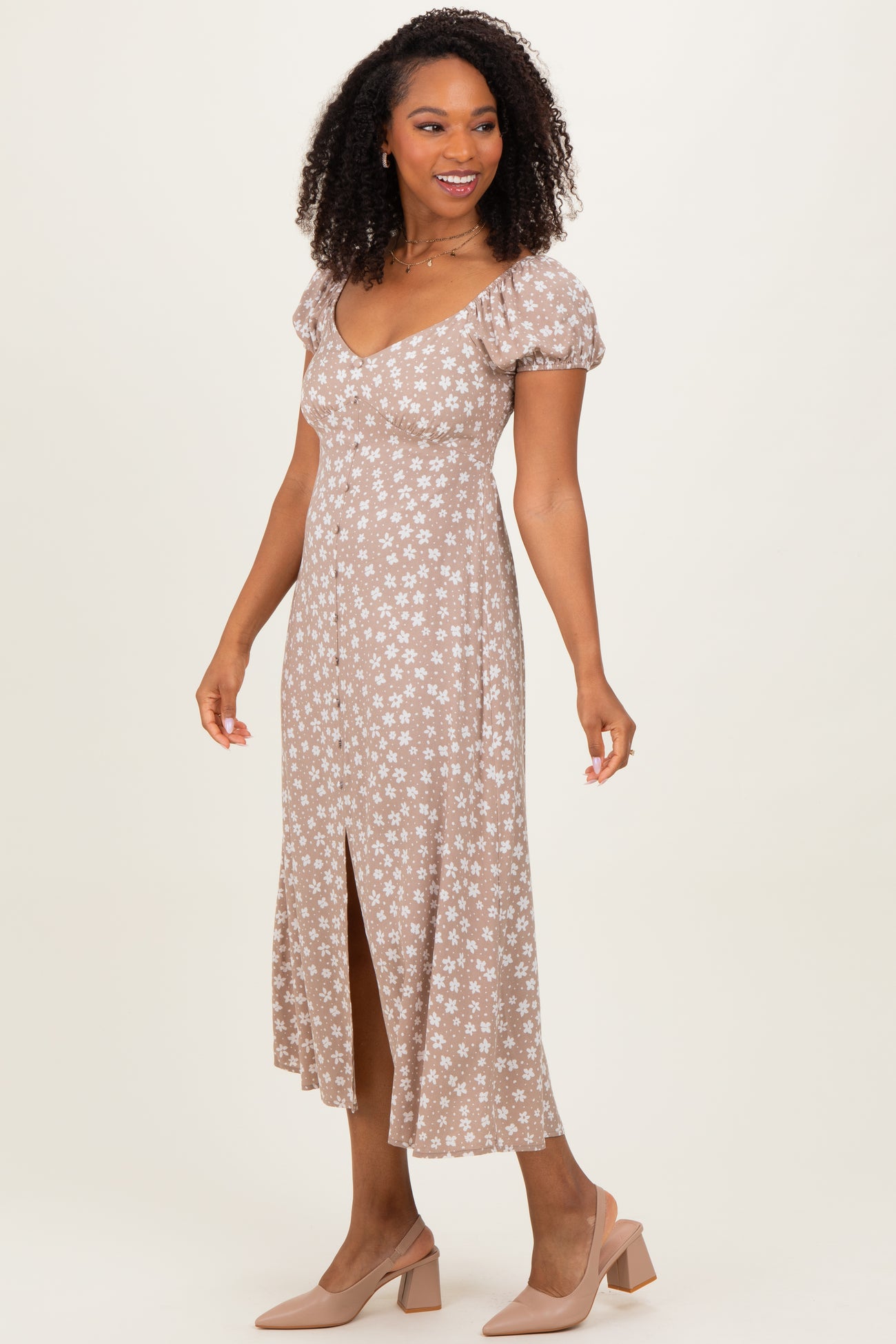 Beige Floral V-Neck Button Detail Midi Dress