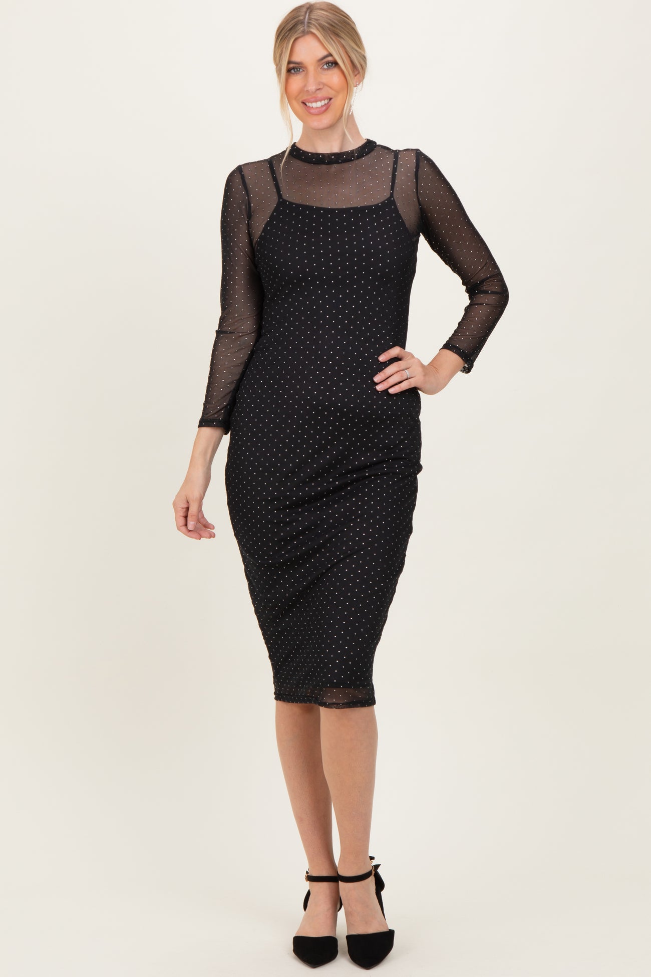 Black Printed Mesh Long Sleeve Midi Dress