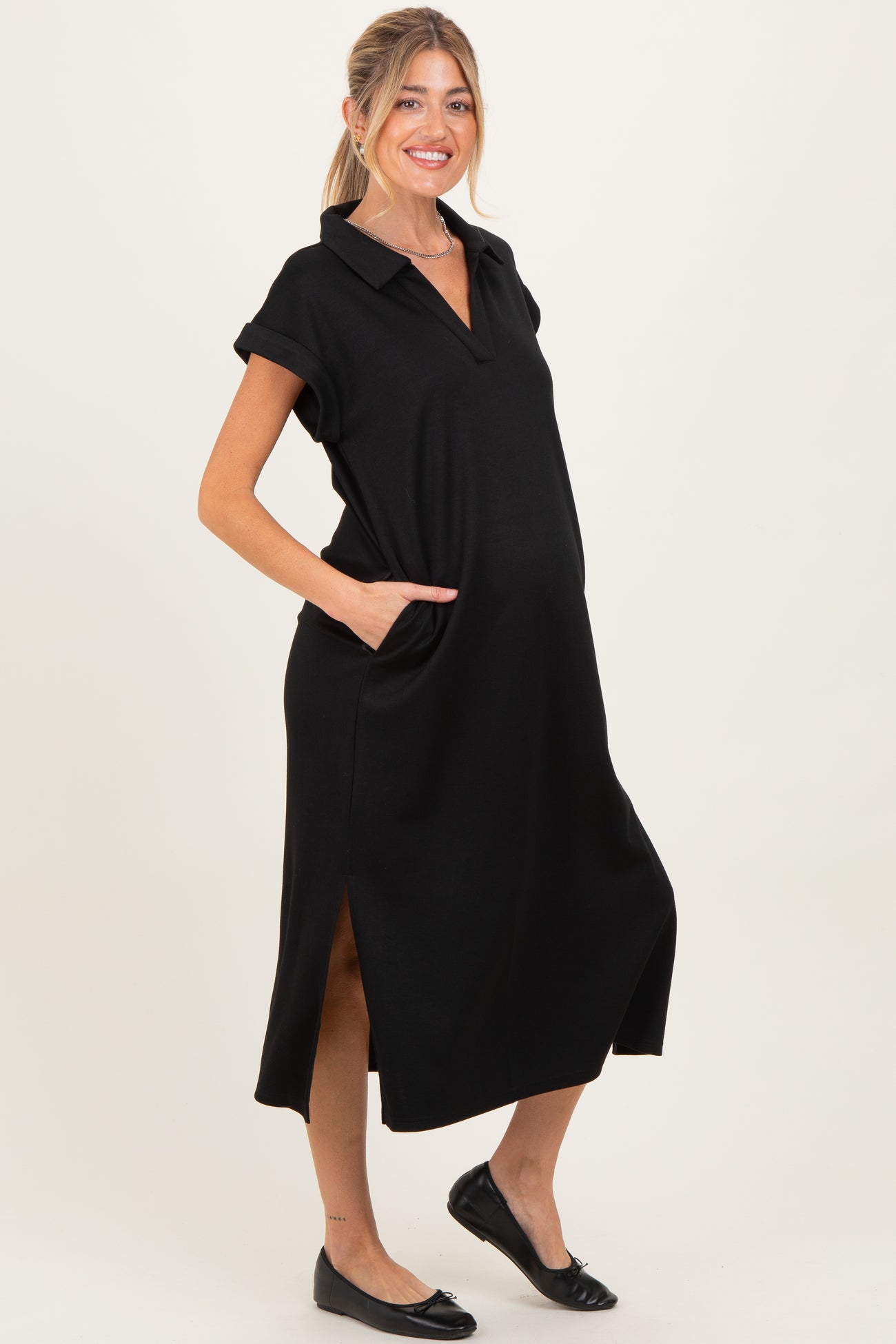 Black Collared Oversized Maternity Midi Dress