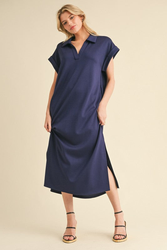 Navy Collared Oversized Maternity Midi Dress