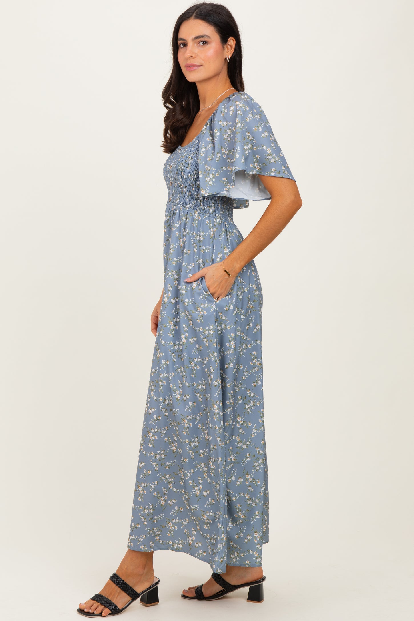 Grey Floral Smocked Flutter Sleeve Midi Dress