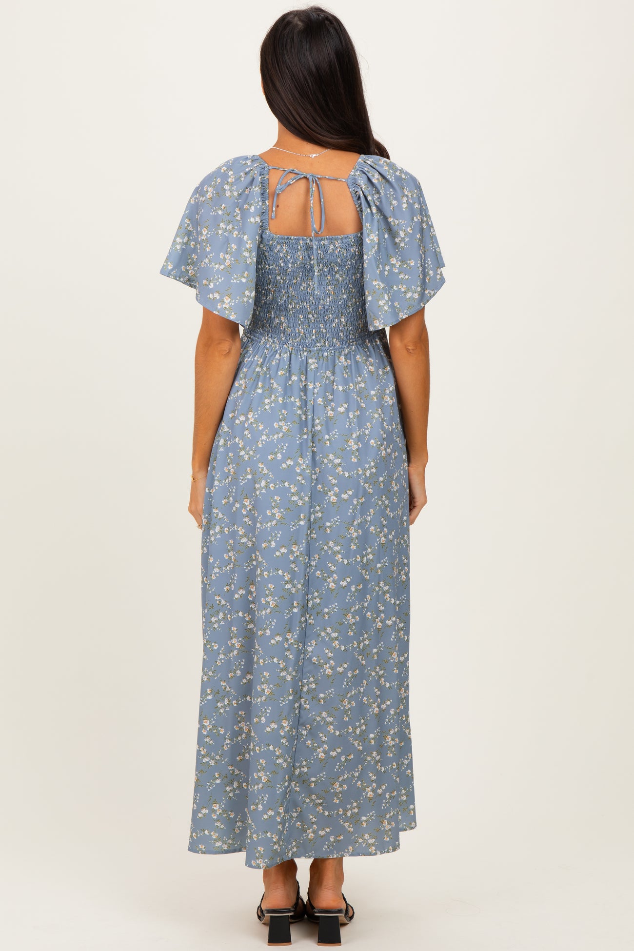 Grey Floral Smocked Flutter Sleeve Midi Dress