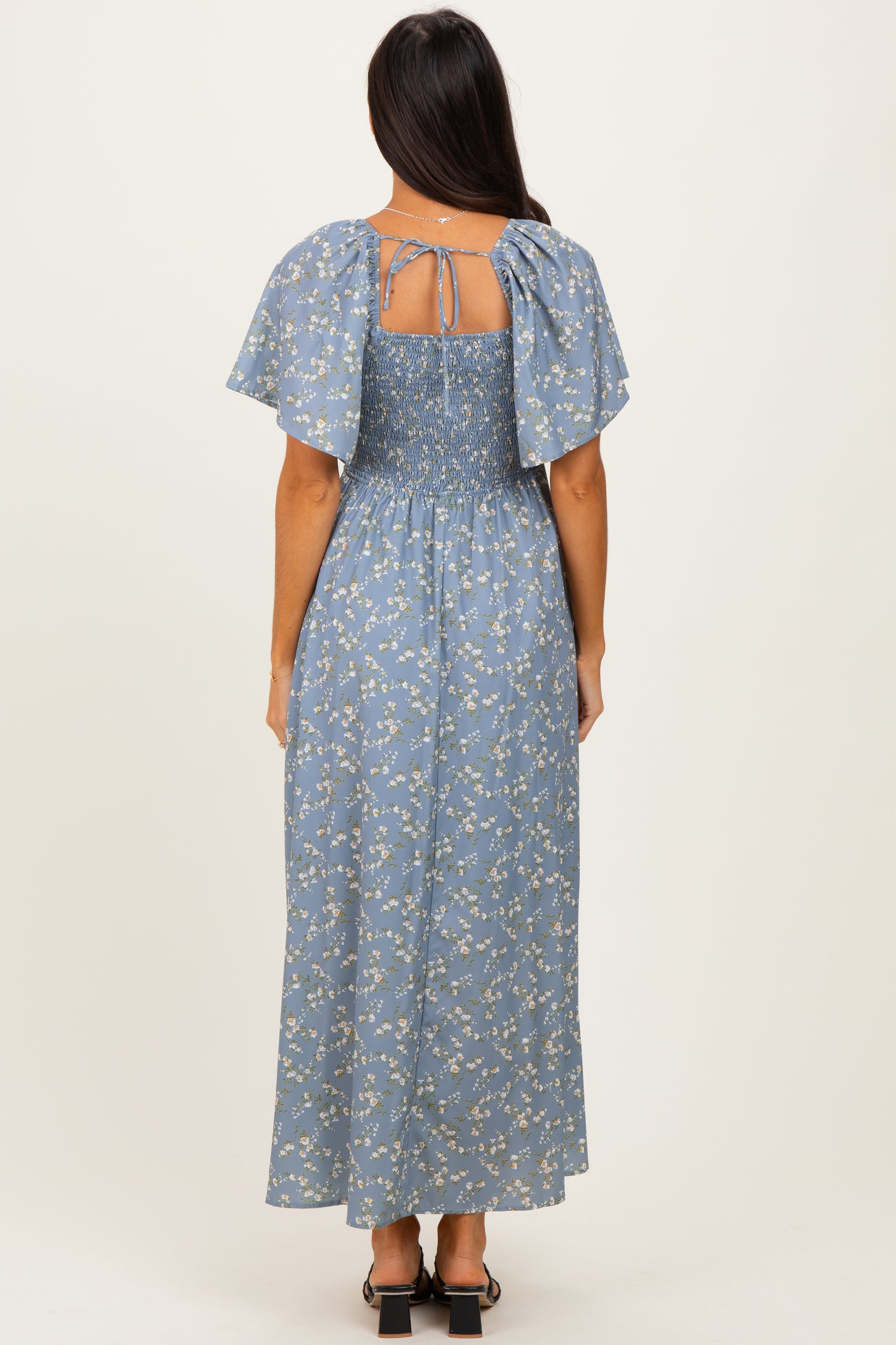 Grey Floral Smocked Flutter Sleeve Midi Dress