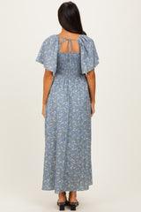 Grey Floral Smocked Flutter Sleeve Midi Dress