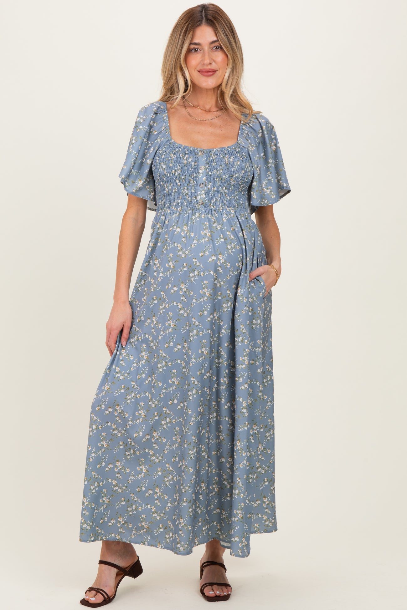 Grey Floral Smocked Flutter Sleeve Maternity Midi Dress