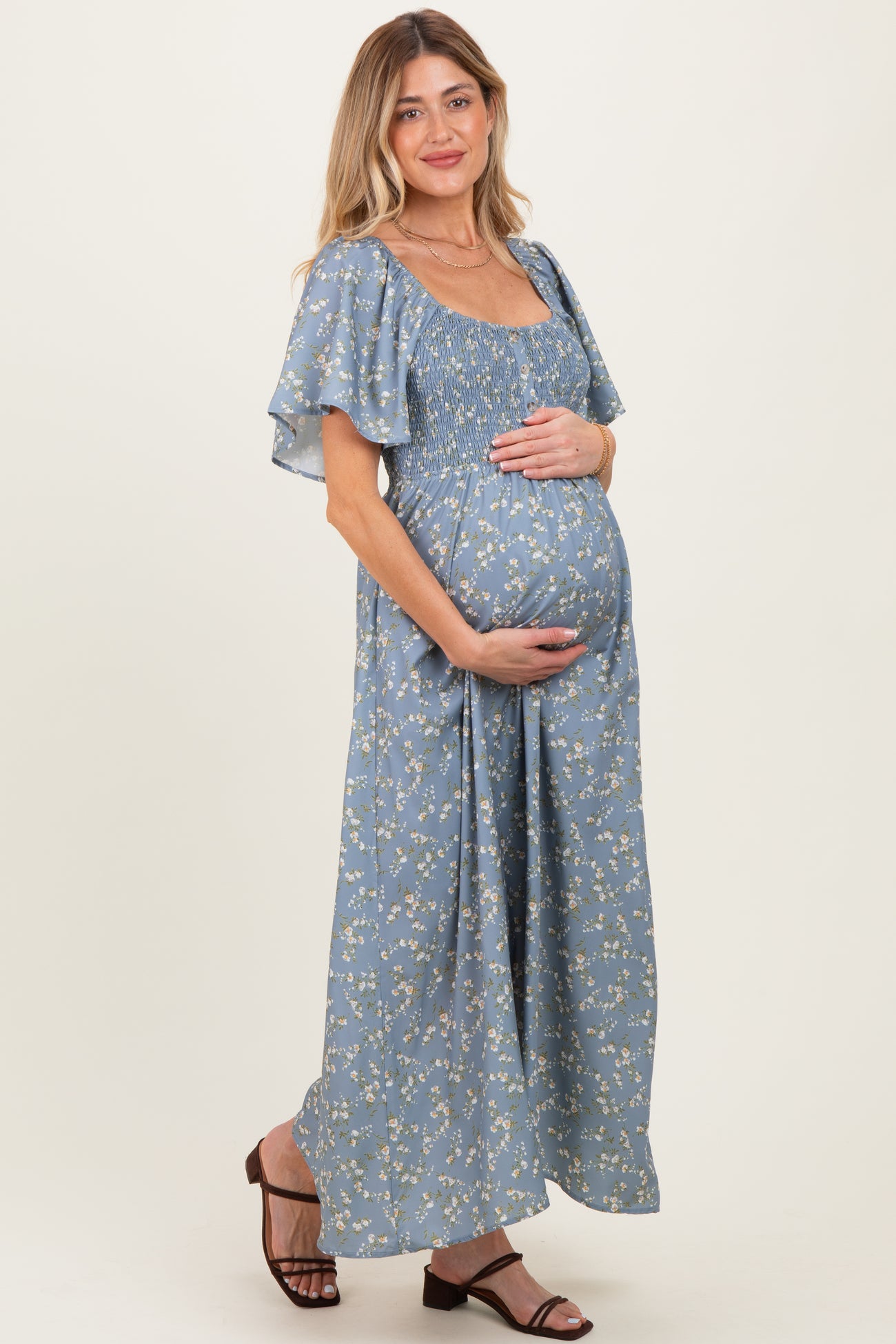 Grey Floral Smocked Flutter Sleeve Maternity Midi Dress