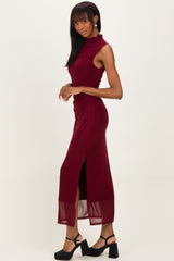 Burgundy Mock Neck Ruched Mesh Midi Dress