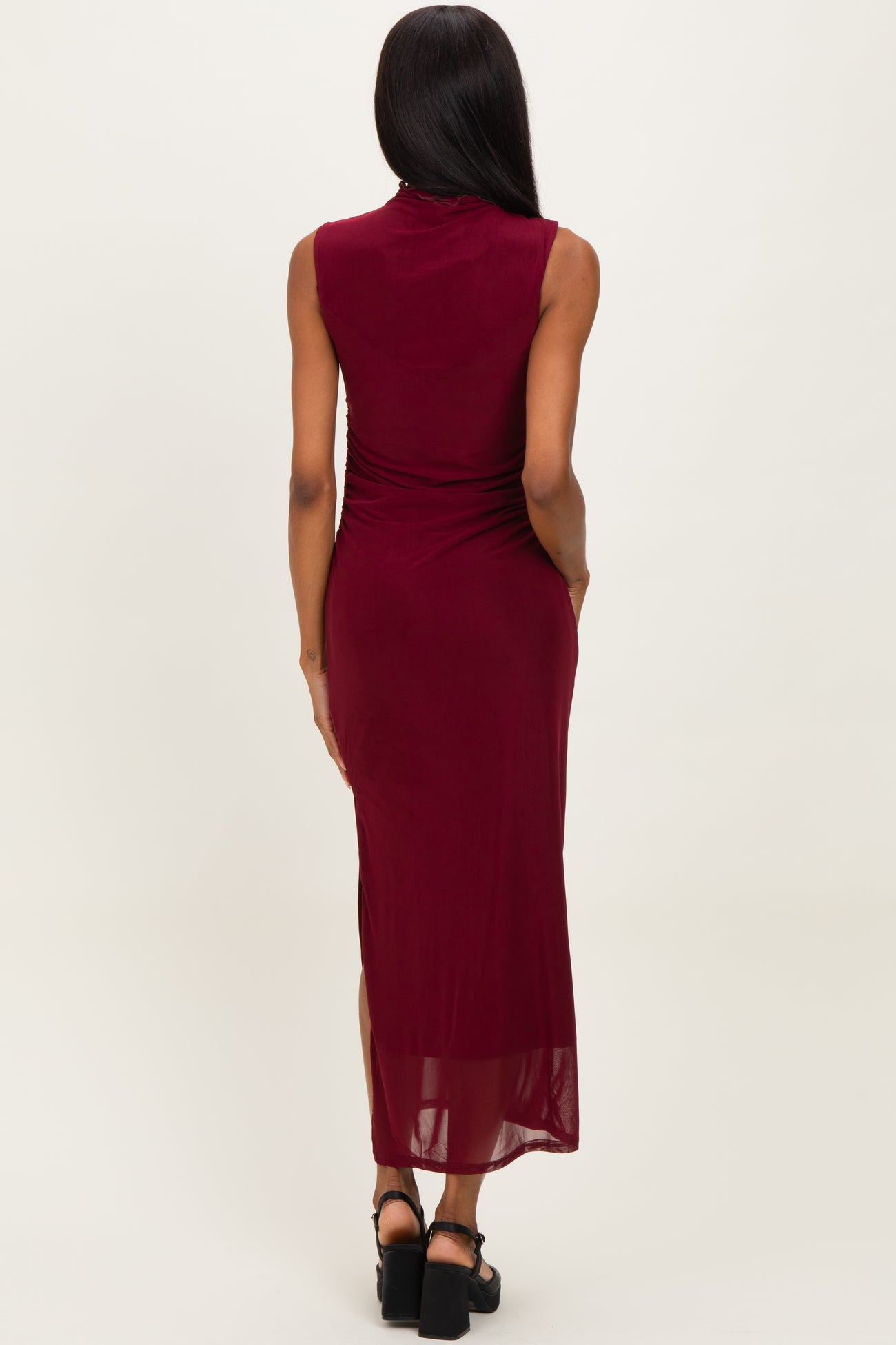 Burgundy Mock Neck Ruched Mesh Midi Dress