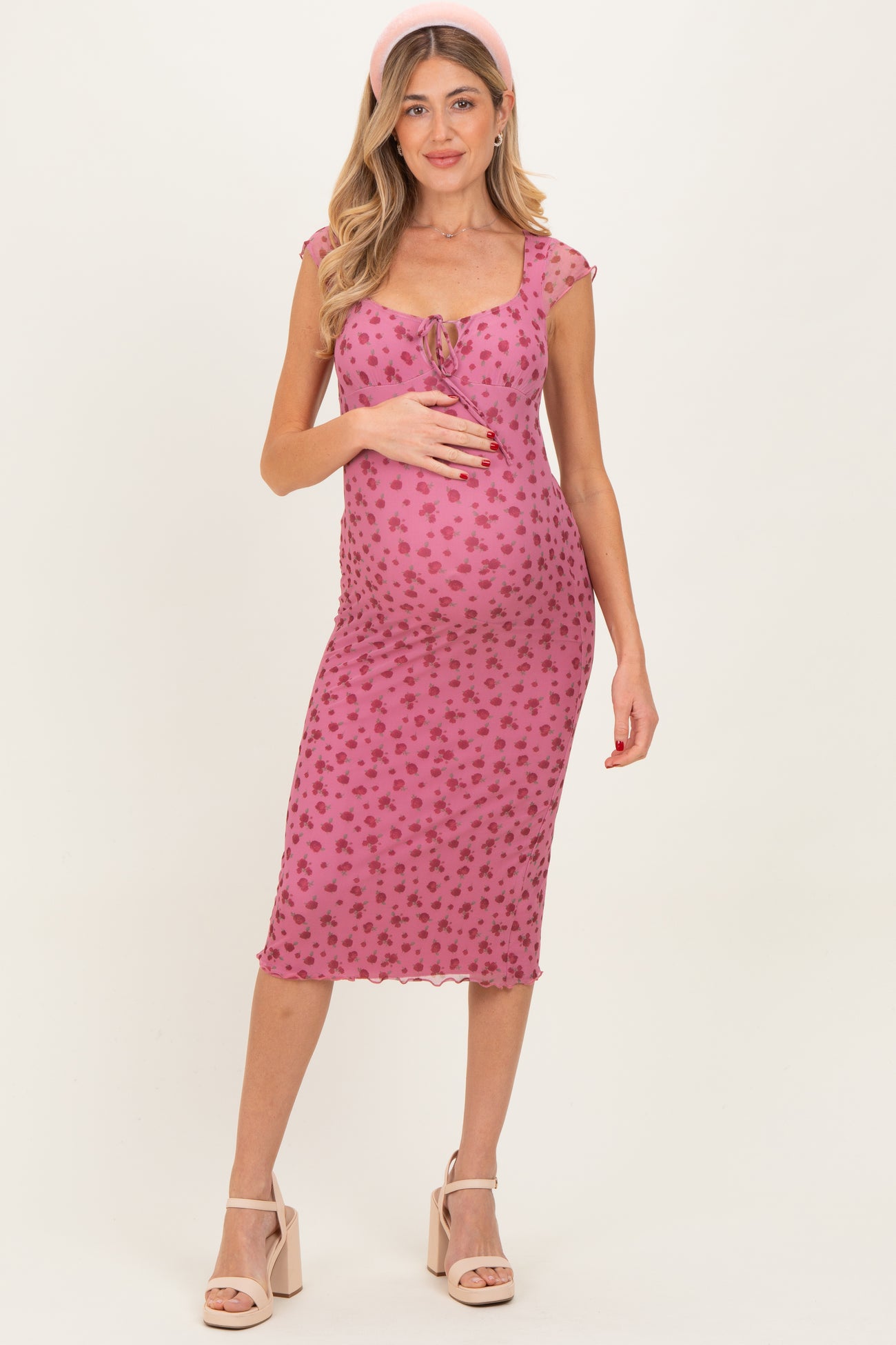 Pink Floral Mesh Front Tie Cutout Maternity Midi Dress