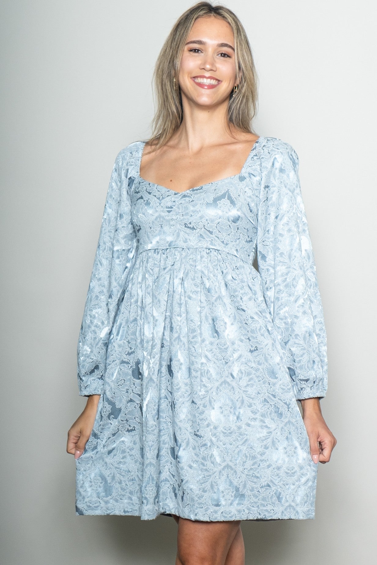 Light Blue Damask Jacquard Long Sleeve Maternity Dress