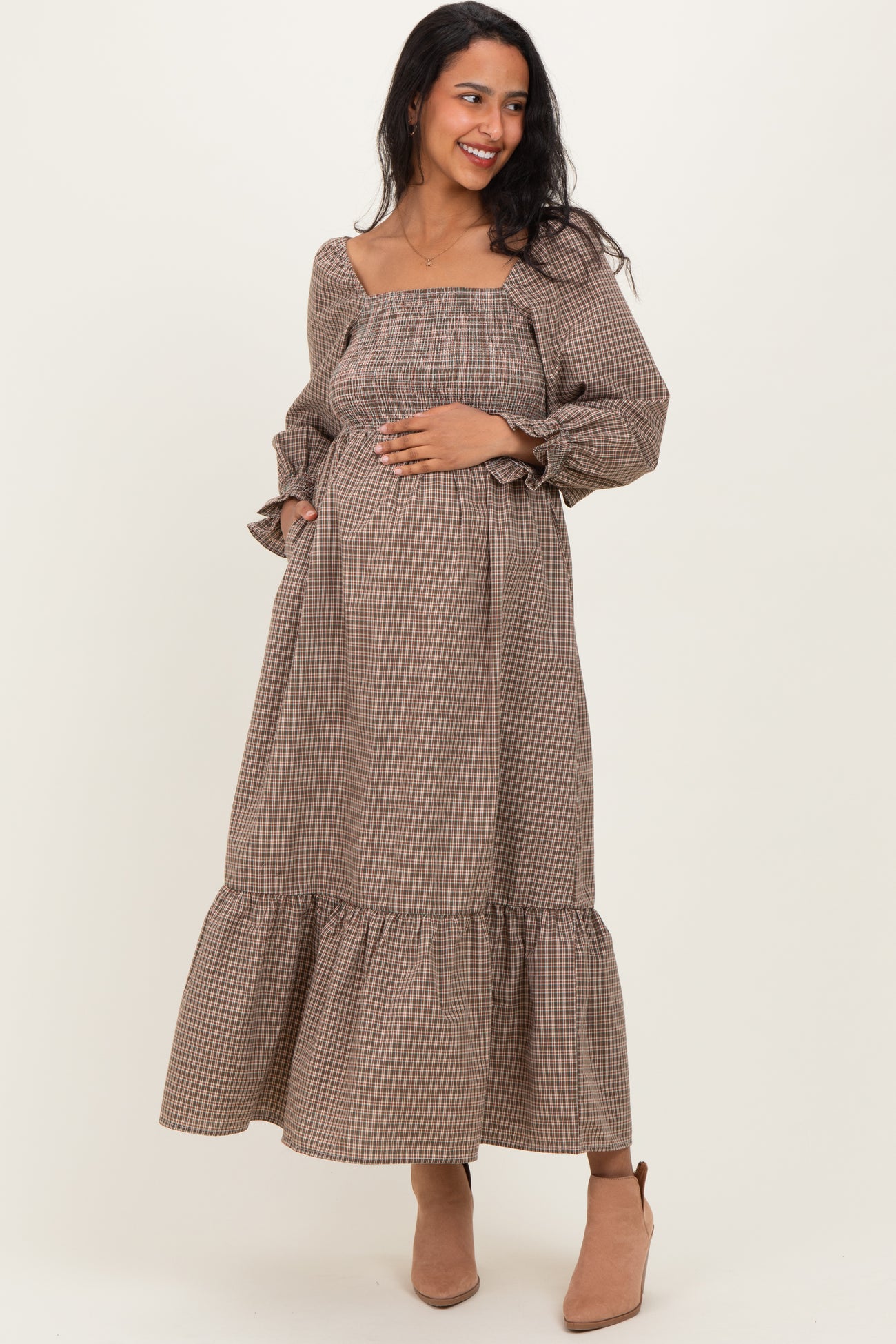 Chestnut Plaid Square Neck Long Sleeve Maternity Maxi Dress