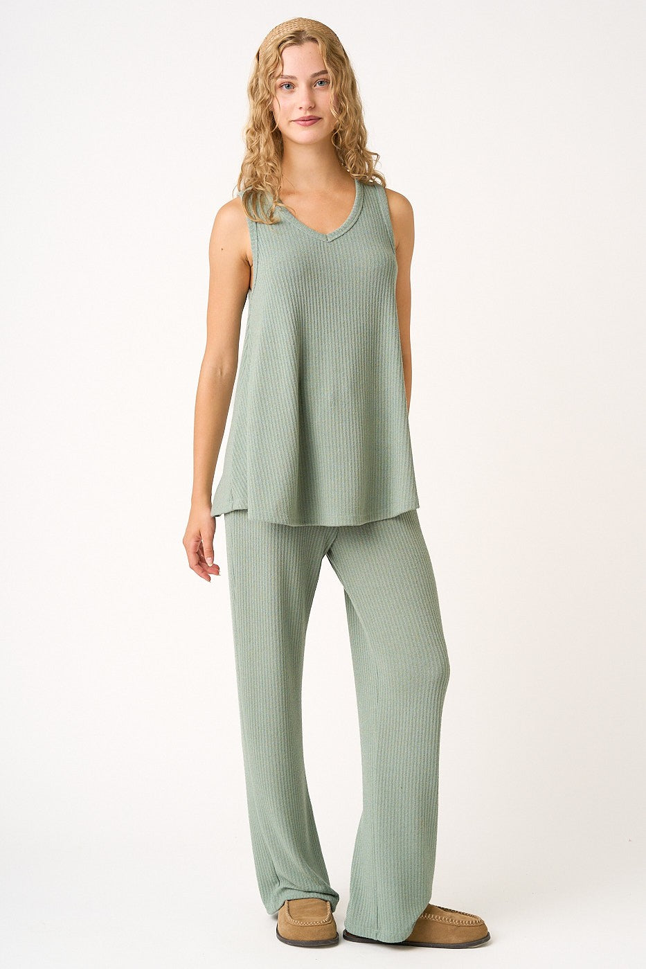 Sage Rib Knit Tank and Pant Maternity Set