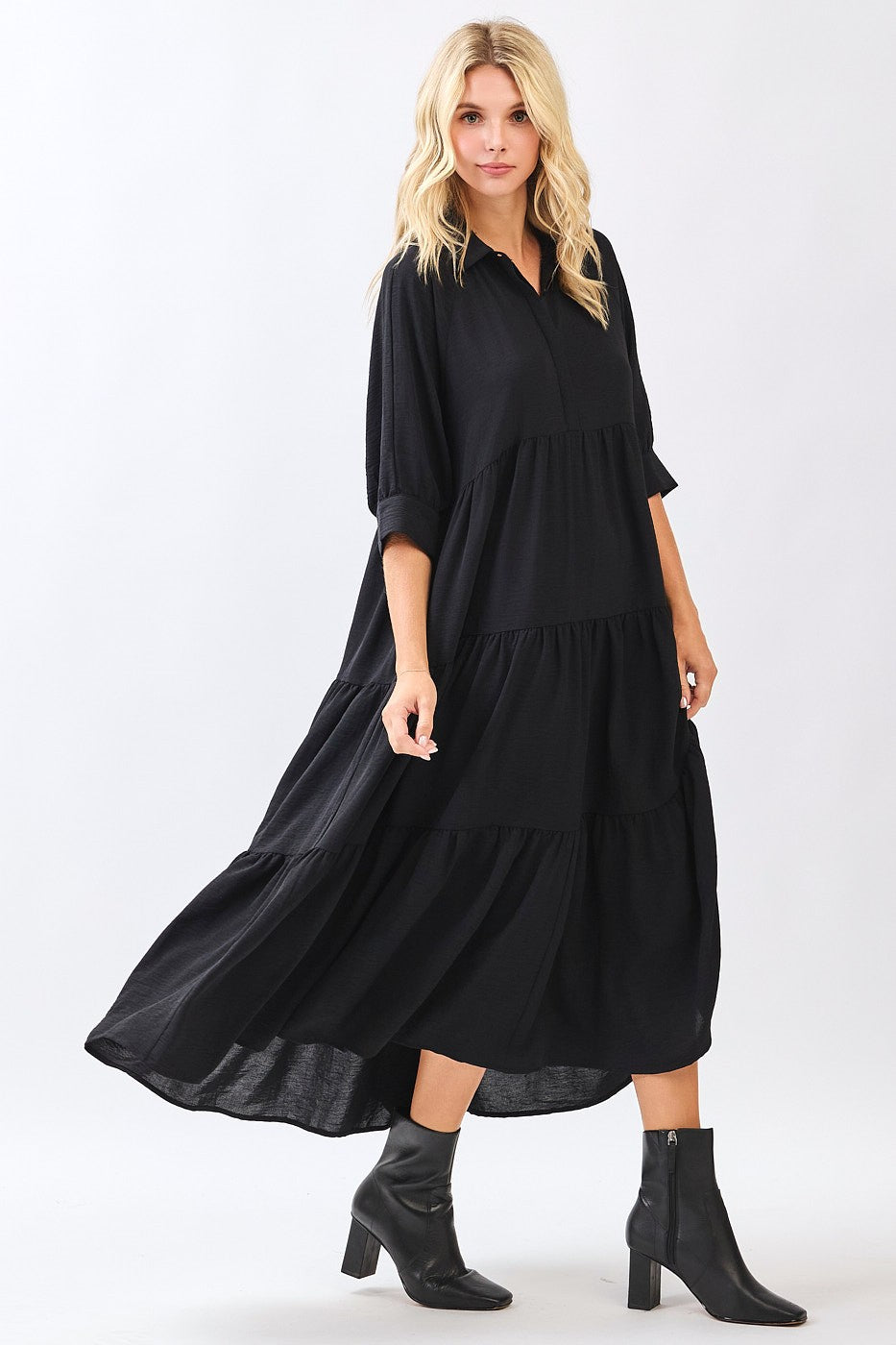 Black Collared Button Up Tiered Midi Dress