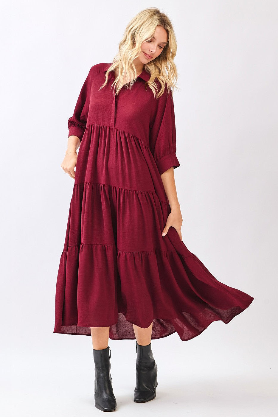 Wine Collared Button Up Tiered Midi Dress