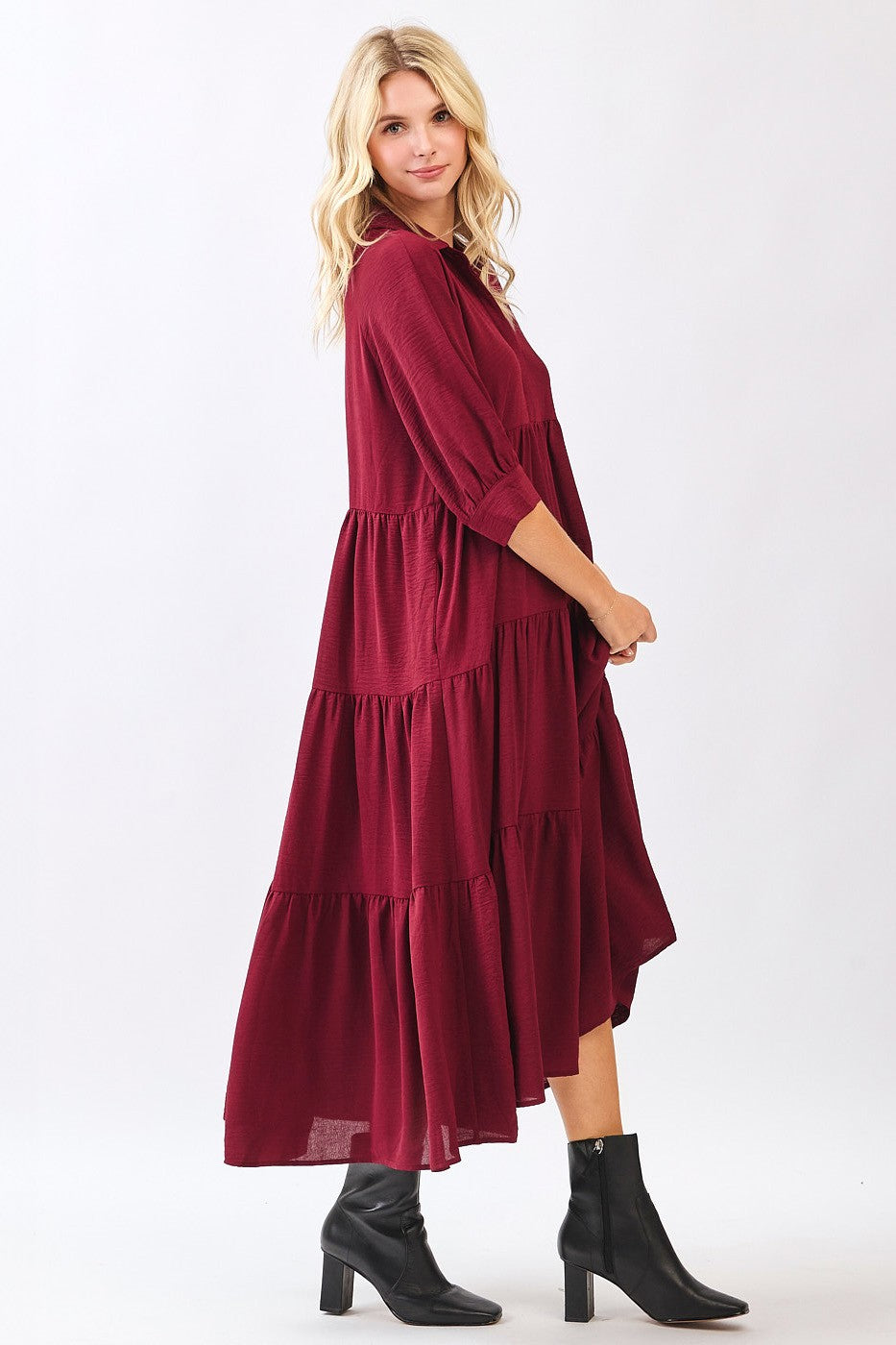 Wine Collared Button Up Tiered Midi Dress