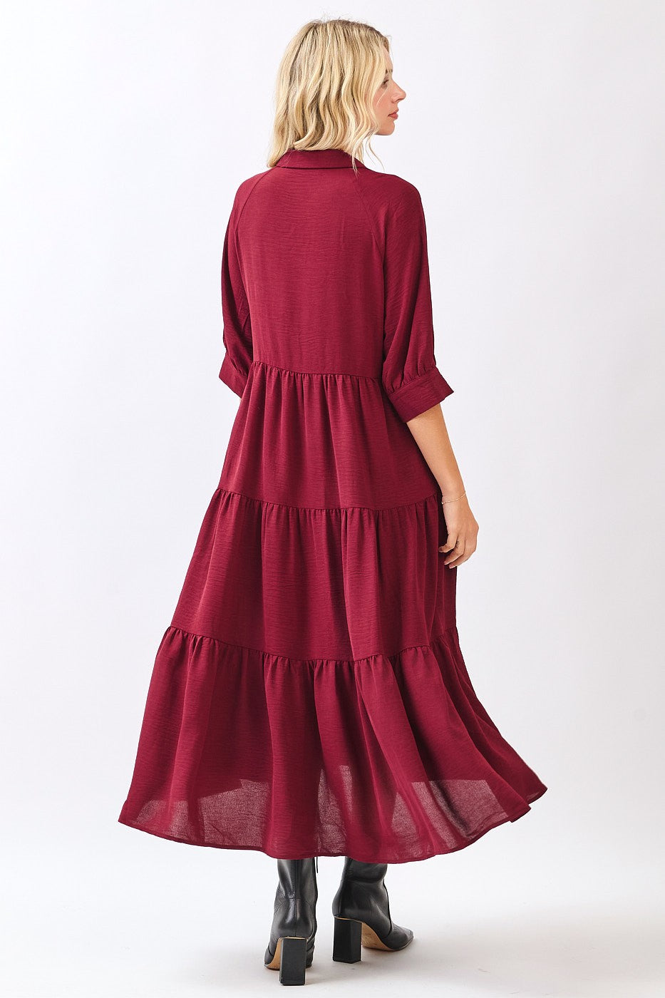 Wine Collared Button Up Tiered Midi Dress